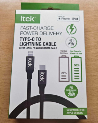itek  Fast-Charge Power Delivery Type-c to Lighting 4 ft Nylon Braided