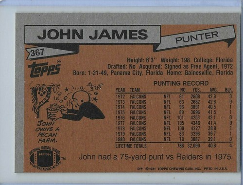 1981 TOPPS #367 JOHN JAMES ATLANTA FALCONS - Picture 2 of 2