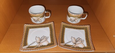 Yamasen Gold Collection Fine Porcelain 24 CT Plated Set of 2 Tea Cup and Saucer