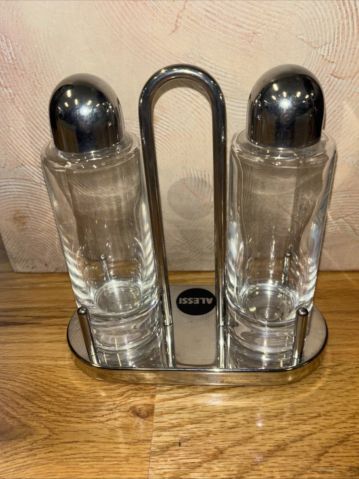 Juego de galletas dispensadoras de aceite y vinagre cromado vidrio Alessi Inox 18/10 hecho en Italia Foto 2 de 4