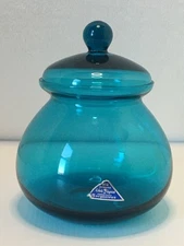 Old Morgantown Glass Peacock Blue Covered Bowl Candy Dish Lead Crystal