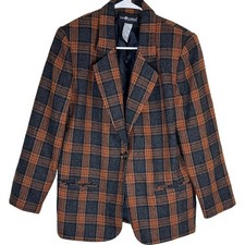 Sag Harbor Petite Vintage 90s Wool Blend Plaid Blazer Orange Brown Grey Size 10P