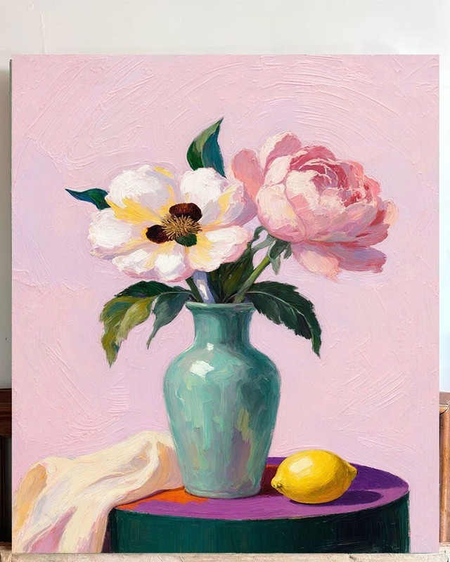 🌸 Vibrant Peony Still Life: Impressionist Oil Painting Style Canvas Art 🍋🎨