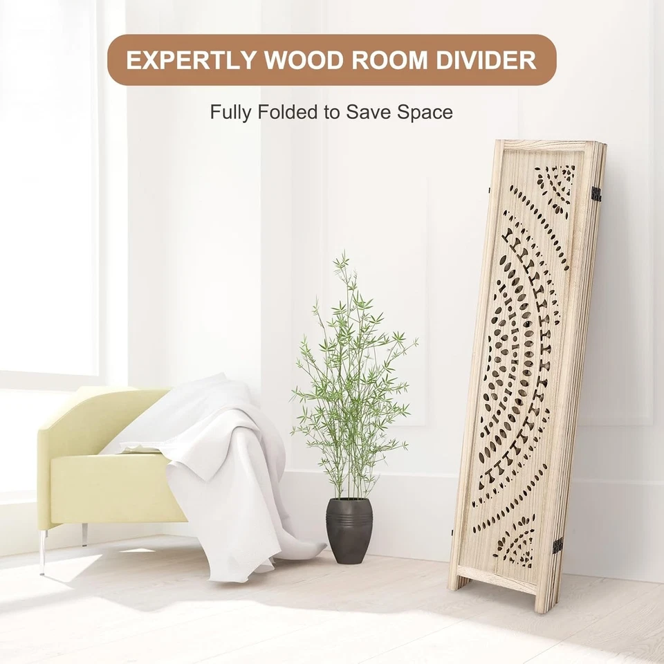 6 Panel Room Divider Screen Privacy Handwork Solid Wood Folding - image 3 of 4