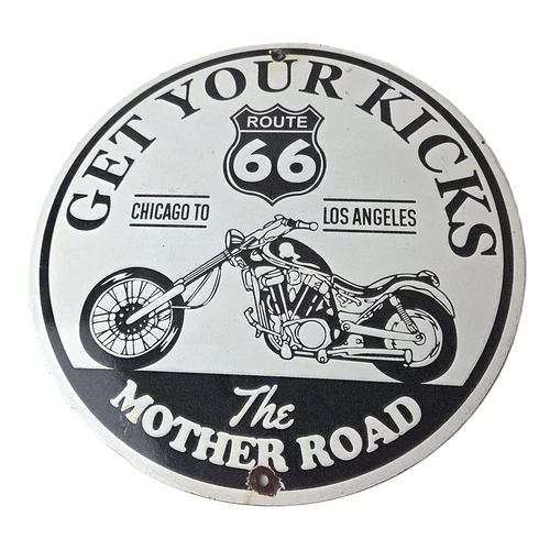 Vintage US Route 66 Sign - Porcelain Motorcycle Kicks on 66 Gas Pump Sign
