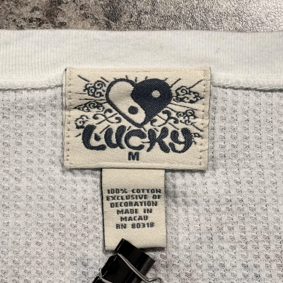 Vintage Lucky Brand Top Y2K Asian Dragon Waffle Thermal Henley Boho Medium Flaws - Image 3 of 4