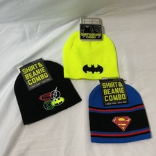 3 Boys Beanie Stocking Hats Batman Superman Justice League JUST THE HATS NEW