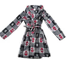 Marvel Spider-Man Boys Fleece Robe Sz L Black Red Checkered Plush Bathrobe Hero