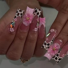 Press on Nails Coffin Long Length French and Leopard Pink Floral Rhinestone