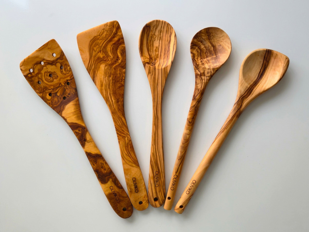OLIVIKO 100% Olive Wood Handmade 5 Piece Utensil Set - 3 Spoons 2 Spatulas