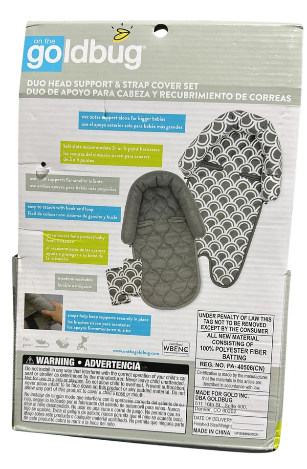  GOLDBUG GRAY & WHITE DUO HEAD SUPPORT & STRAP COVER SET CAR SEAT/STROLLER - Image 2 of 2