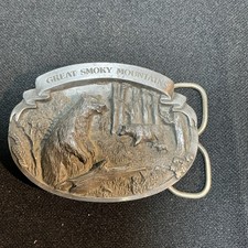 Vintage Belt Buckle Great Smoky Mountains 1986 C J USA Made Pewter Bear Wolf