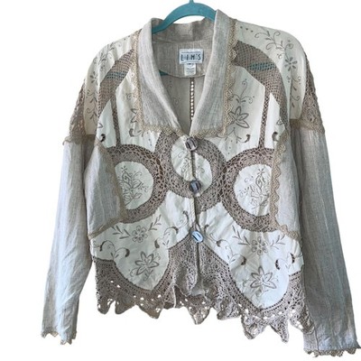 Lim's Jacket Vintage Embroidered Womens Size Medium Beige Lace Pure Cotton Retro