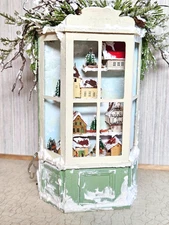 1:12 Artisan Display Window Cabinet Decorated for Winter Holidays, Tiny Village