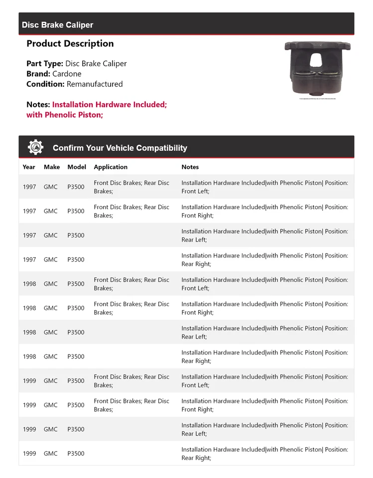 Pinza de freno de disco Cardone 1998 para GMC P3500 1997-1999 Foto 2 de 4