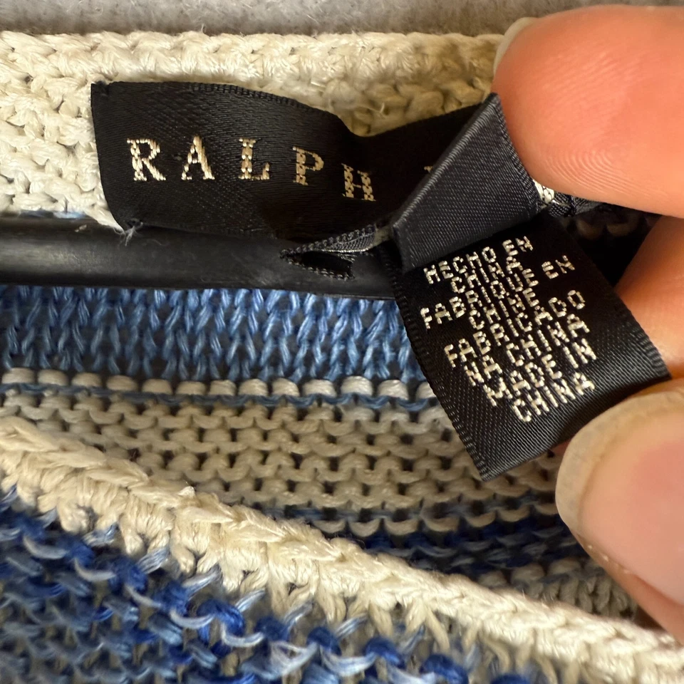 Jersey Ralph Lauren Etiqueta Negra Mujer Mediano Blanco Azul Tejido a Mano Lino Seda Foto 4 de 4
