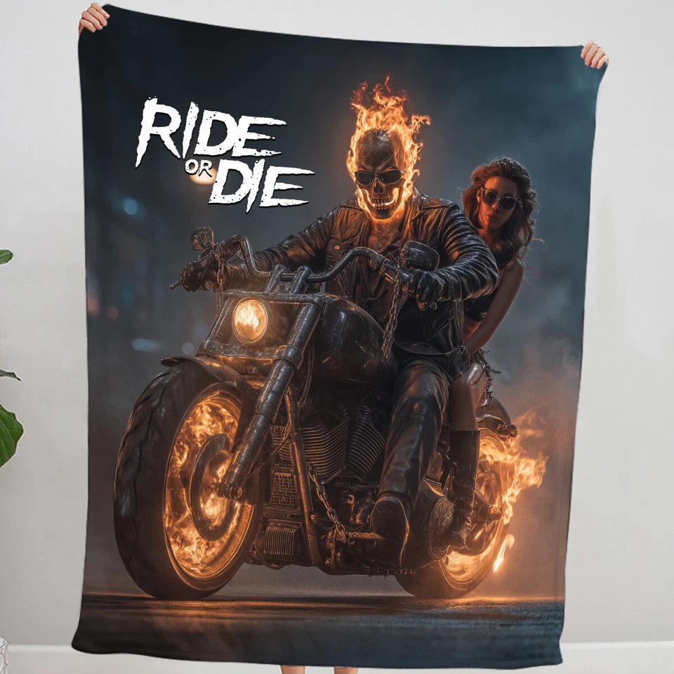 Ride Or Die Motorcycle Throw Blanket Halloween Skeleton Blanket Motorcycle Skull - Image 2 of 4