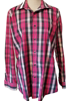 Apt 9 Plaid Shirt Size 16 32/33 Womens Pink Black Slim Fit Stretch Button Down