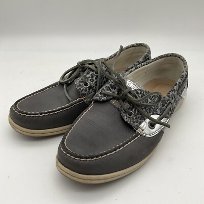 Sperry Shoes Women's M Gray Top Sider Silver Leather Leopard Print Boat  Shoes
