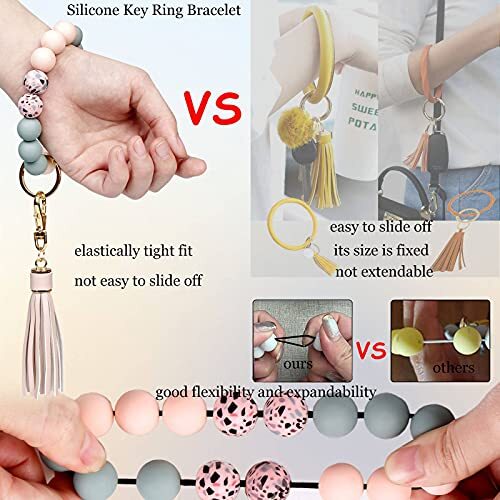 Keychain Bracelet Silicone Key Ring Wristlet with Leather 2.5 inch Light Pink - Bild 4 von 7