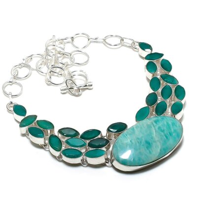 Amazonite, Emerald Gemstone Handmade 925 Silver Jewelry Necklace 18'' R-5412