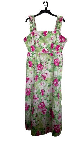 Torrid Women’s Sz 1(1X) Midi Poplin Tiered Ruffle Strap Dress Pink Floral Pocket - Picture 2 of 12