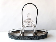 Alte Art Deco Gewürz Menage in Schiffchenform-Metallhalterung 14 cm lang