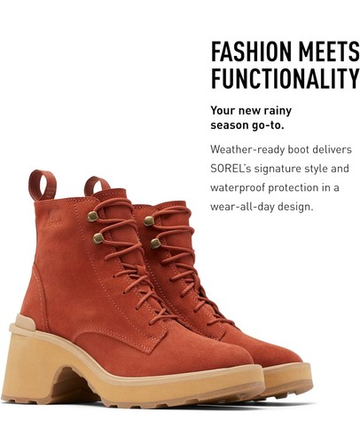 Sorel Stivali Donna Hi-Line Tacco Pizzo - Rosso Ordito, Tawny Buff, Taglia 7 NUOVI - Foto 2 di 7