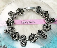 Brighton Garden of Eden Black Crystal Gold Flower Link Silver Plate Bracelet