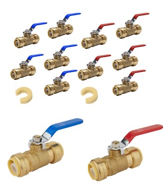 EFIELD 12PCS 3/4''  PUSH FIT BRASS BALL VALVE HOT & COLD +CLIPS, NO LEAD