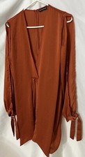 Pretty Little Things Rust Colored Mini Dress Open Sleeve Tie Cuff V Neck Zip 8 
