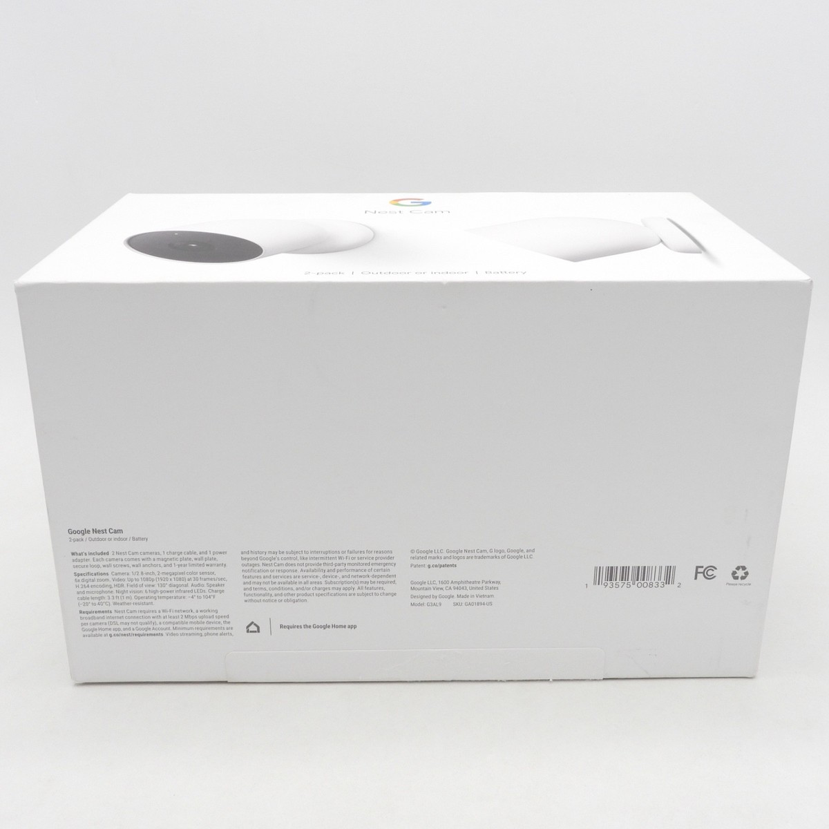 Google Nest Security Indoor Outdoor Cameras G3AL9 (Snow) 2-Pack