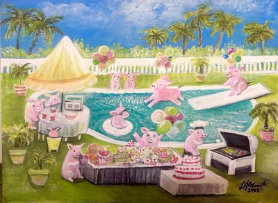 Pigs at the pool party featuring a flying pig acrylic artwork 11  x 14 