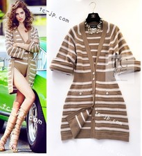 $5.1K CHANEL 15S Beige Stripe Cashmere Knit Dress Cardigan KarlLagerfeld 44 US12