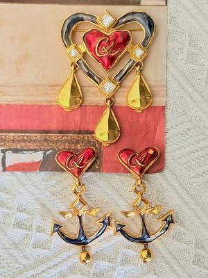 Christian Lacroix Vintage groß rot blau Herz Anker Kristalle Tropfen Chunky Set
