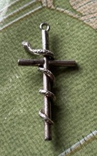 Vintage Handmade Solid Sterling Silver Snake Serpent Cross Pendant