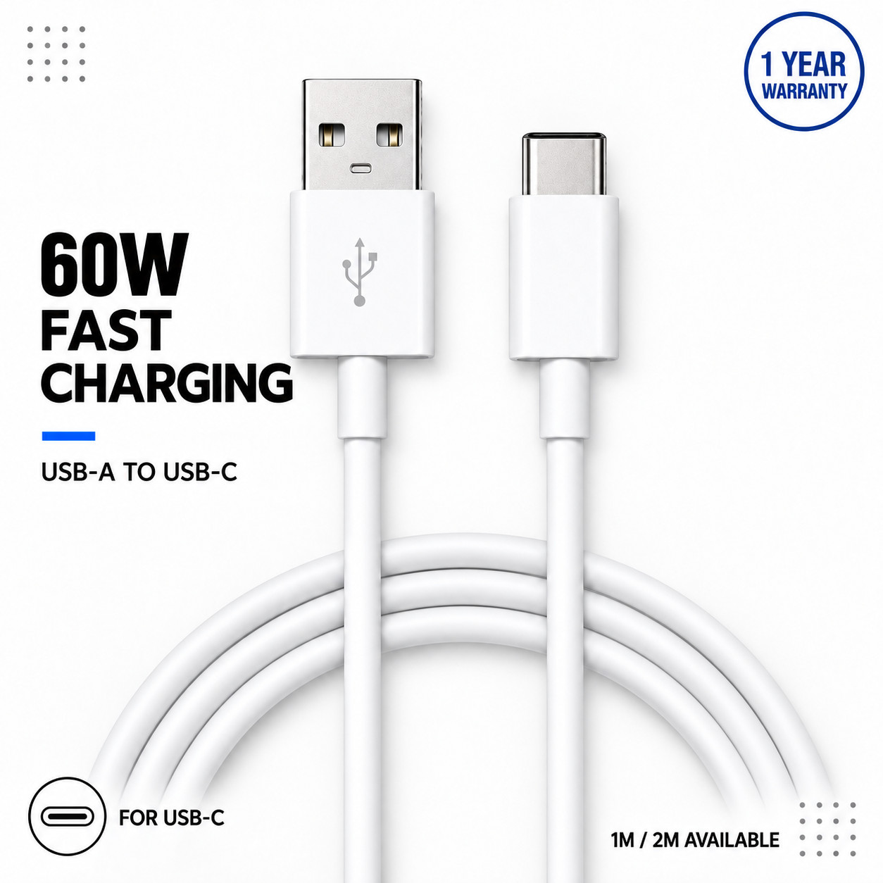 2X USB A to USB C 60W Fast Charger Cable 3A PD for iPhone, Samsung, Huawei, 2M