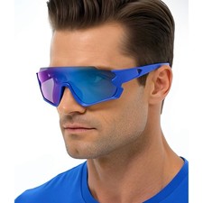 Blue Shield Sunglasses Blue Mirrored Lens Sport Cycling Running Glasses UV400