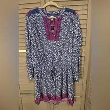 GAP Long Sleeve Blue Floral Mini Dress with Magenta Accents, Tie Waist