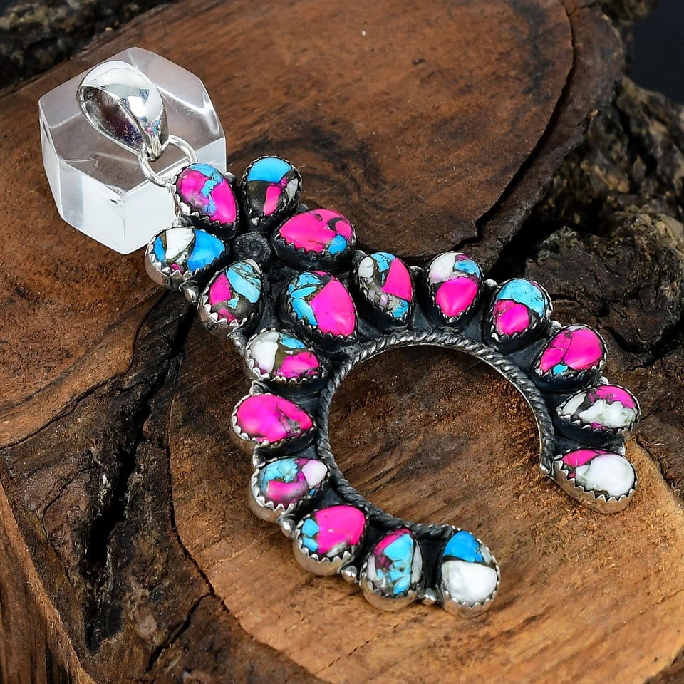 Colgante Navajo Hecho a Mano Algodón Caramelo Turquesa Piedras Preciosas Plata Esterlina 3.00" Foto 2 de 4