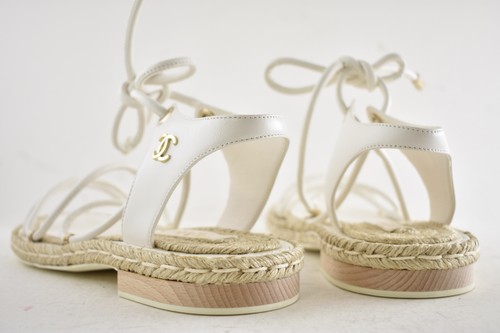Chanel 20S White Lambskin CC Logo Mules Lace Up Tie Sandal Espadrille Flat 36 - Picture 19 of 21