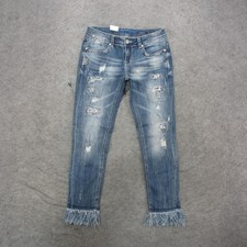Grace In LA Skinny Jeans Womens 27 Blue Medium Wash Distressed Fringe Hem