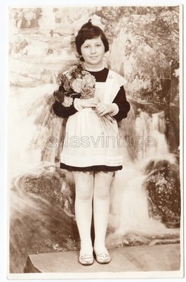 Pretty young girl School uniform nice dress Short hair Cute photo Soviet studio