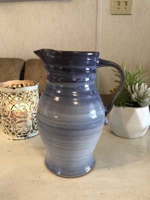 Hand Thrown Pottery Blue Ceramic Pitcher 9” Tamarack, WV Signed Rustic Farmhouse - Image 1 of 4