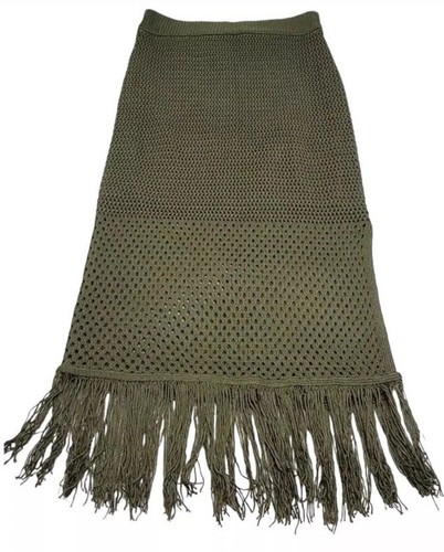 NWT House of Harlow Womens Army Green Crochet Maxi Skirt Fringe Hem Lined Sz L - Picture 4 of 12