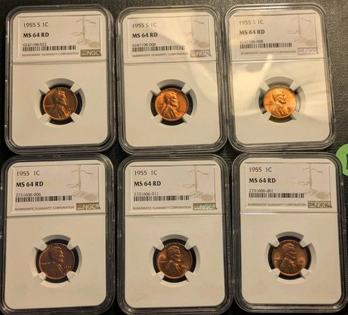 K) Lot of 6: 1955 (S/P) Lincoln Wheat Cents NGC-CERTIFIED MS64 RED 🔥🔥🍒🍒 1¢