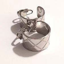 Vintage Silver Tone Cross Hatch Etched Half Hoop Trendy Glam Clip On Earrings