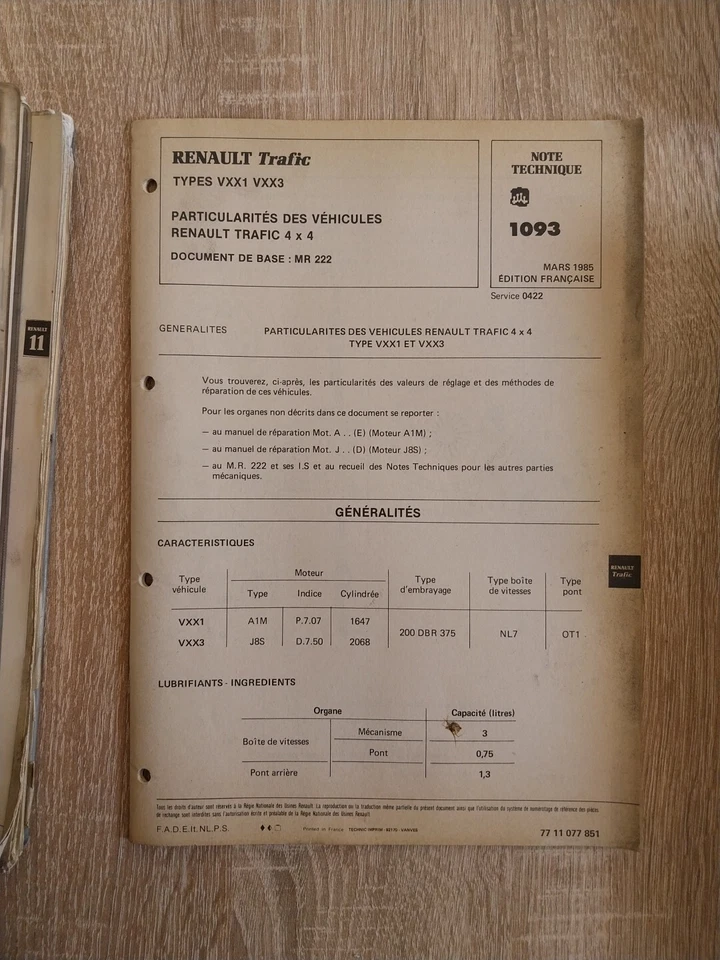 Manuel Reparation mecanique MR 222 Renault Trafic 1.4E 2.1 D T1 T4 T5 4x4 Nt1093 - Photo 4/4