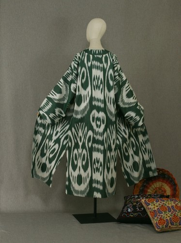 Uzbek ikat chapan,cotton kaftan cape,boho green coat,ethnic abaya,cover kimono - Picture 2 of 8