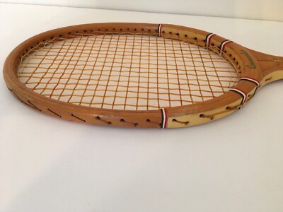 Raquette de tennis ancienne en bois vintage Dunlop fabriquée en Angleterre, très vieux ventilateurs de collection rétro, décor des années 1970 avec support en métal - France
